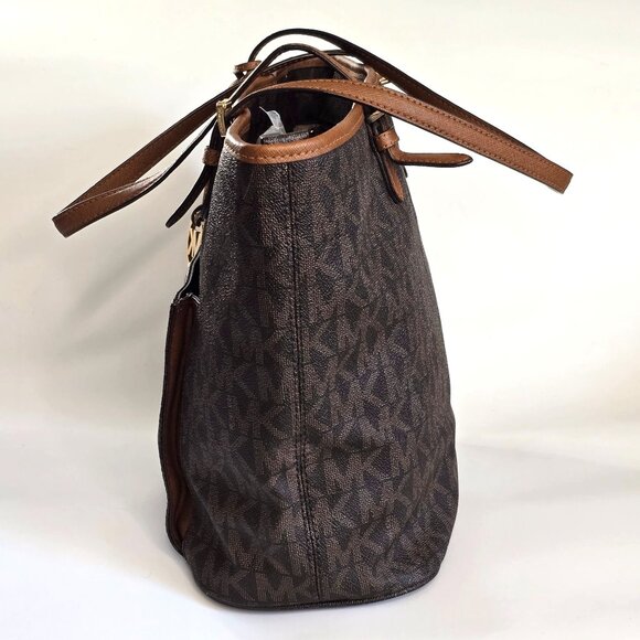 Michael Kors Jet Set Monogram Coated Canvas Tote LG Brown/Tan Front Snap Pocket - Picture 12 of 16